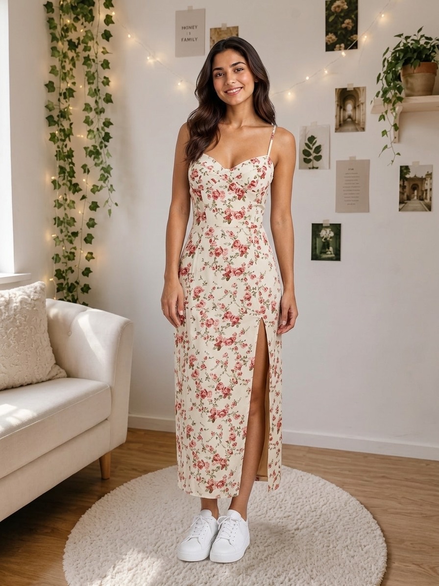 Floral slip midi dress, generated by FashClick from a flat product photo