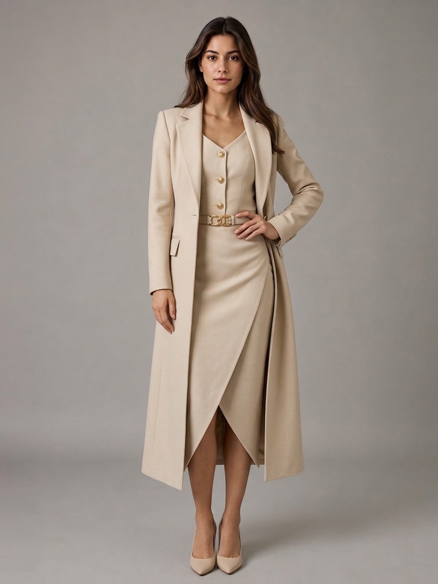 Longline coat & belted dress, generated by FashClick from a flat product photo