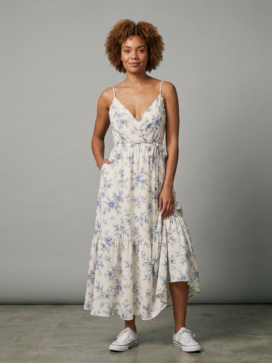 Blue floral tiered dress, generated by FashClick from a flat product photo