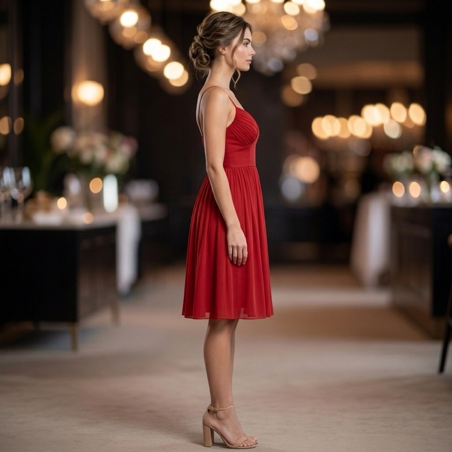 Generated on-model photo, side view: the red strappy midi dress in profile at an evening venue
