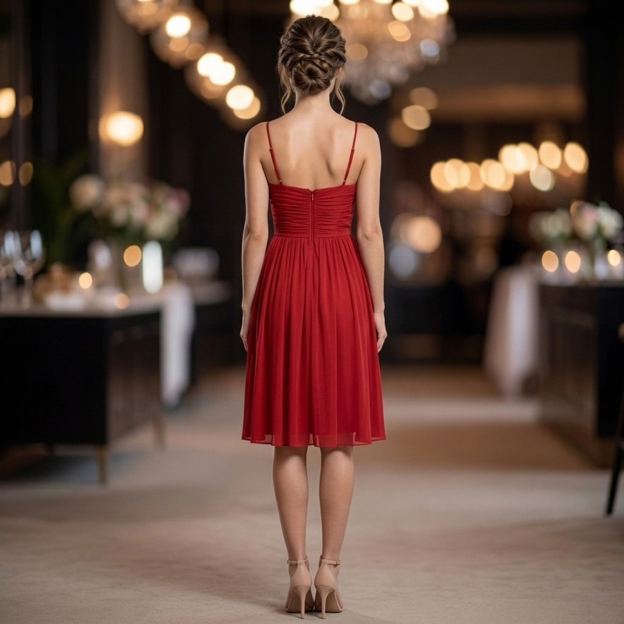 Generated on-model photo, back view: the open back and straps of the red strappy midi dress at an evening venue