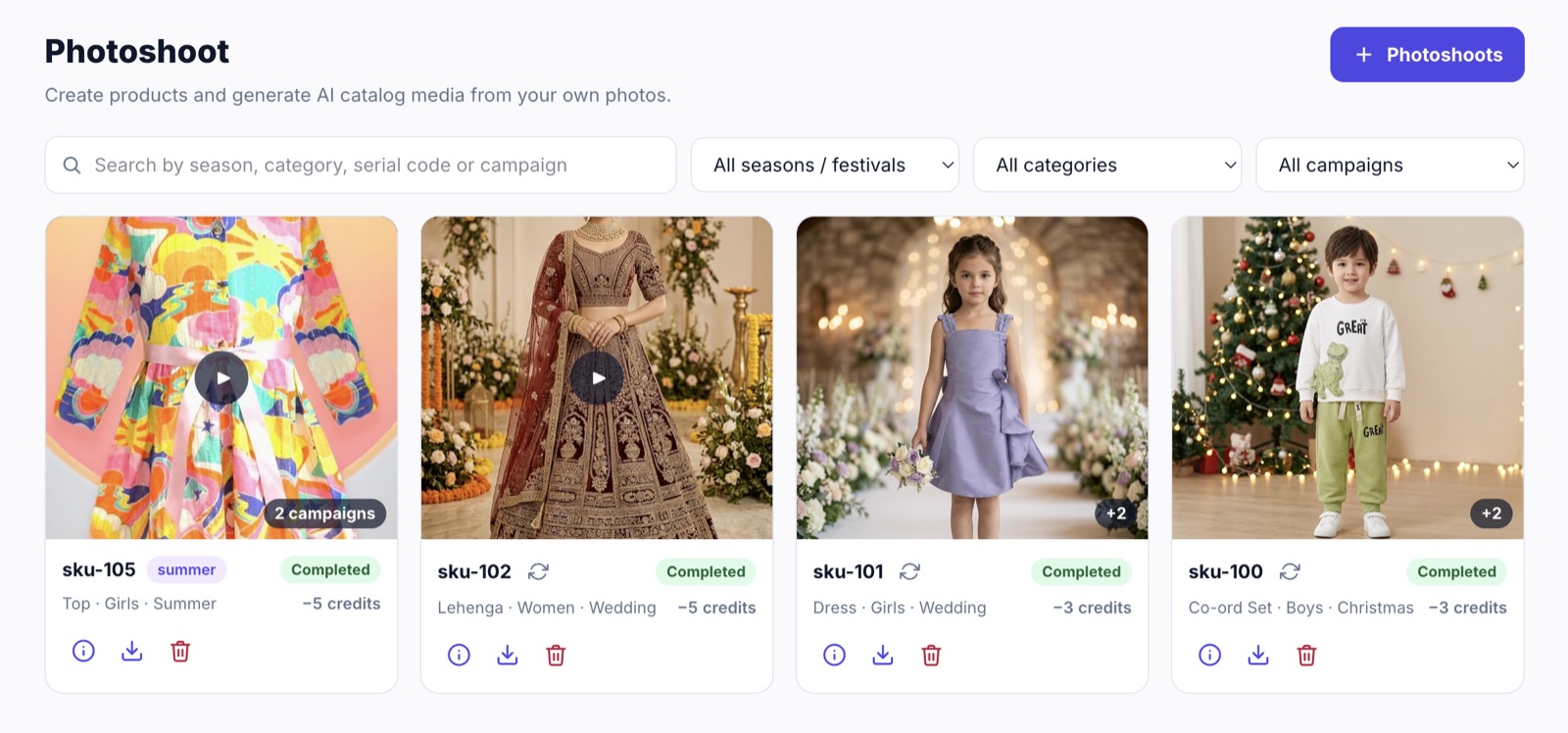 The Photoshoot library: four completed products (sku-105, sku-102, sku-101, sku-100) with their on-model images, video play badges, credits used and category, gender and season tags, under a search box and season, category and campaign filters
