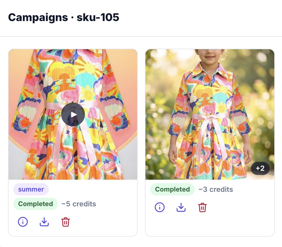 Campaigns for sku-105: a summer campaign with a product video and a second campaign of on-model photos of the same printed dress