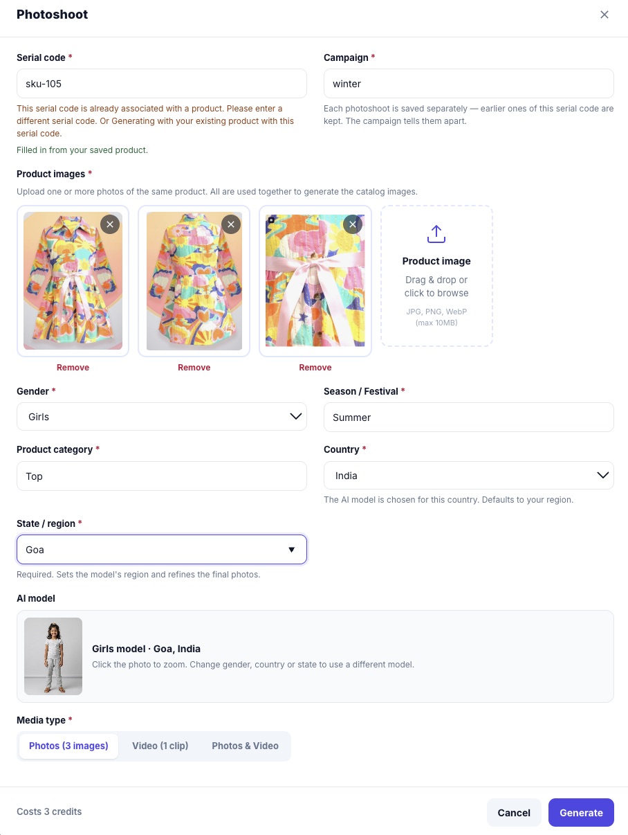 The Photoshoot form: serial code sku-105, campaign "winter", three uploaded product photos of a printed dress, gender Girls, season Summer, category Top, country India, state Goa, an AI model preview "Girls model · Goa, India", media type Photos, "Costs 3 credits" and a Generate button