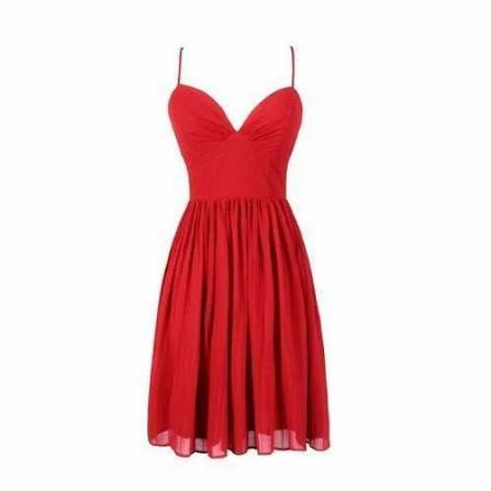 Original product photo: a red strappy midi dress with a sweetheart neckline and pleated skirt, on a plain white background