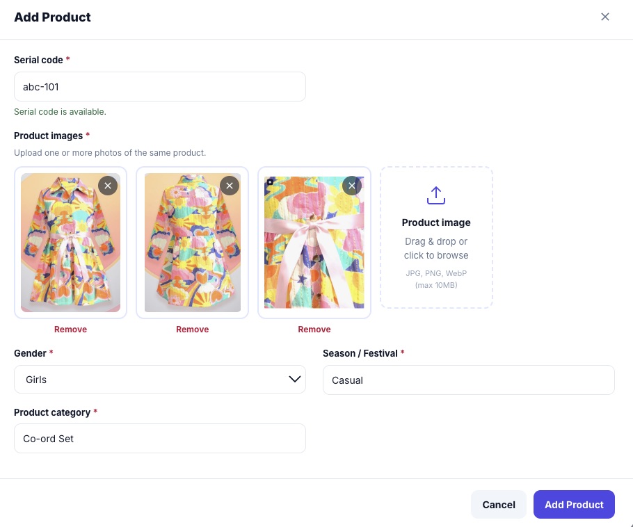 The Add Product form: serial code abc-101 marked "Serial code is available", three uploaded photos of a printed dress, gender Girls, season Casual, category Co-ord Set and an Add Product button