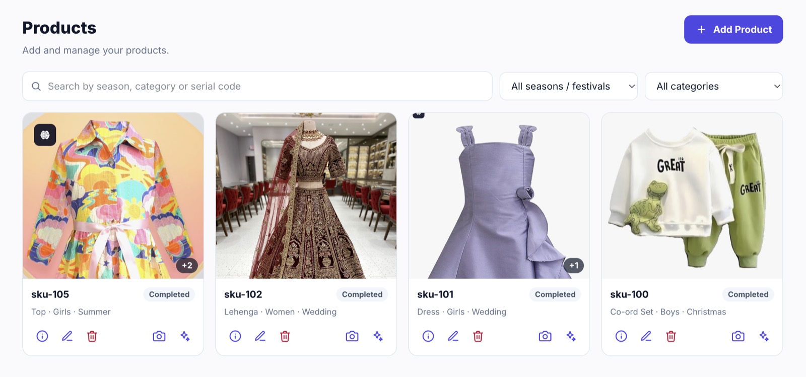 The Products library: four completed products (sku-105, sku-102, sku-101, sku-100) with category, gender and season tags, extra-image badges and per-card info, edit, delete, open-photoshoot and generate buttons, under a search box and season and category filters